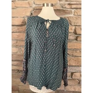 Tribal Green Paisley Print Smocked Cuff Peasant Blouse 1610A-4438 Womens Large